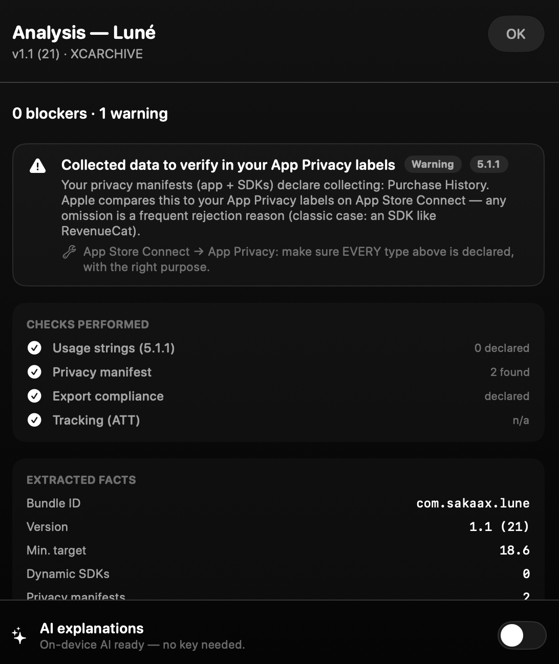 Cleared's analysis report showing the 5.1.1 privacy-label warning with checks performed and extracted facts